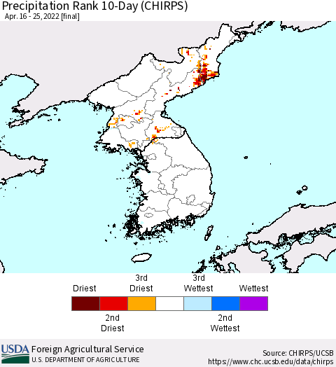 Korea Precipitation Rank 10-Day (CHIRPS) Thematic Map For 4/16/2022 - 4/25/2022