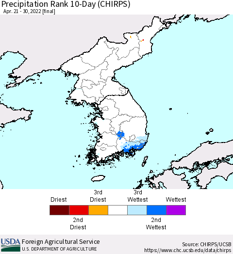 Korea Precipitation Rank 10-Day (CHIRPS) Thematic Map For 4/21/2022 - 4/30/2022