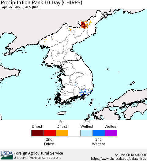 Korea Precipitation Rank 10-Day (CHIRPS) Thematic Map For 4/26/2022 - 5/5/2022