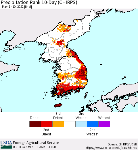 Korea Precipitation Rank 10-Day (CHIRPS) Thematic Map For 5/1/2022 - 5/10/2022
