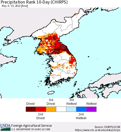 Korea Precipitation Rank since 1981, 10-Day (CHIRPS) Thematic Map For 5/6/2022 - 5/15/2022
