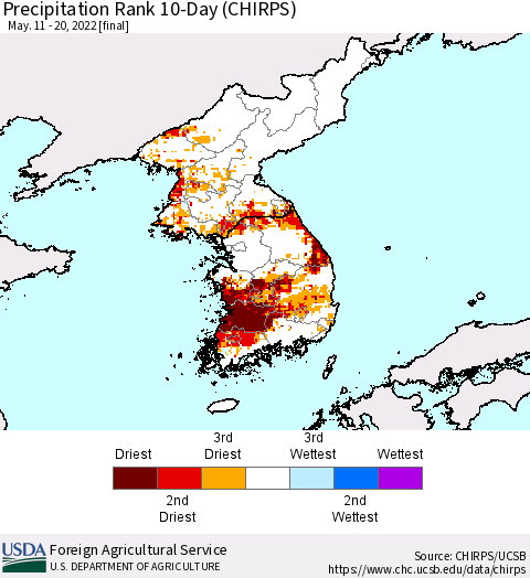 Korea Precipitation Rank since 1981, 10-Day (CHIRPS) Thematic Map For 5/11/2022 - 5/20/2022