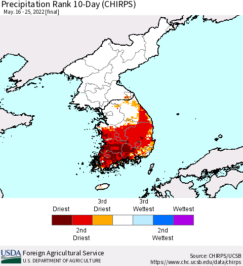 Korea Precipitation Rank 10-Day (CHIRPS) Thematic Map For 5/16/2022 - 5/25/2022