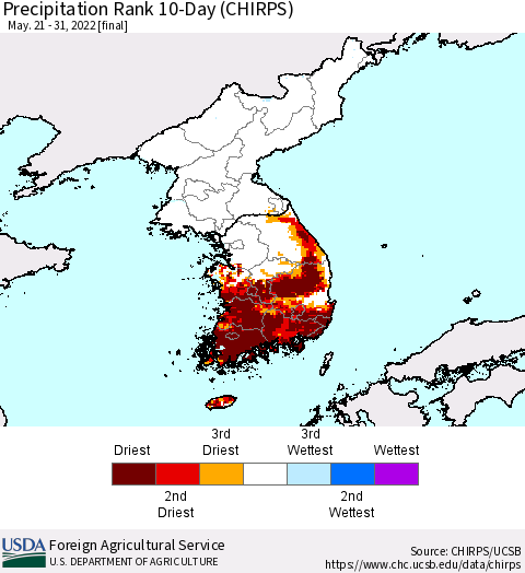 Korea Precipitation Rank 10-Day (CHIRPS) Thematic Map For 5/21/2022 - 5/31/2022