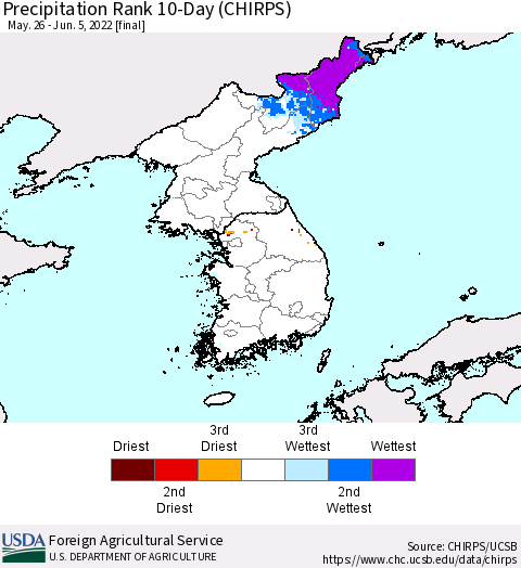 Korea Precipitation Rank since 1981, 10-Day (CHIRPS) Thematic Map For 5/26/2022 - 6/5/2022