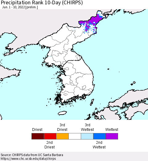 Korea Precipitation Rank 10-Day (CHIRPS) Thematic Map For 6/1/2022 - 6/10/2022