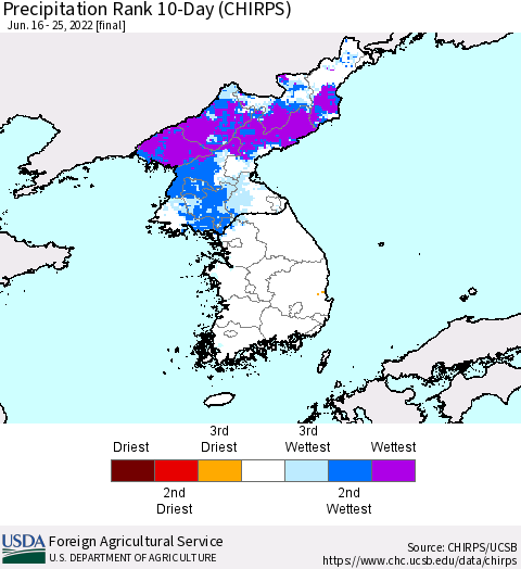 Korea Precipitation Rank since 1981, 10-Day (CHIRPS) Thematic Map For 6/16/2022 - 6/25/2022