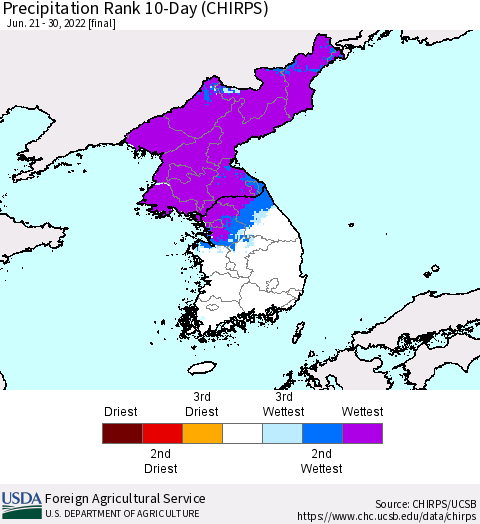 Korea Precipitation Rank 10-Day (CHIRPS) Thematic Map For 6/21/2022 - 6/30/2022