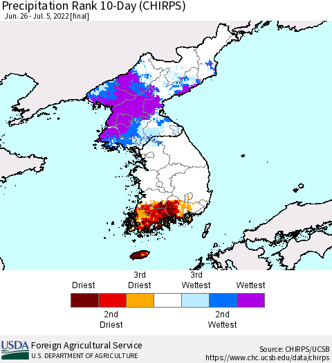 Korea Precipitation Rank since 1981, 10-Day (CHIRPS) Thematic Map For 6/26/2022 - 7/5/2022