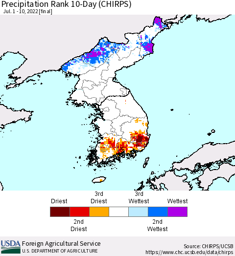 Korea Precipitation Rank 10-Day (CHIRPS) Thematic Map For 7/1/2022 - 7/10/2022