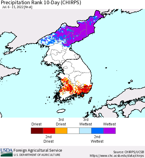 Korea Precipitation Rank since 1981, 10-Day (CHIRPS) Thematic Map For 7/6/2022 - 7/15/2022
