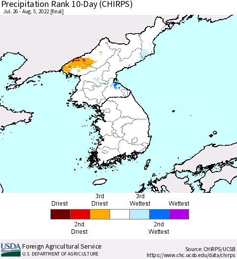 Korea Precipitation Rank 10-Day (CHIRPS) Thematic Map For 7/26/2022 - 8/5/2022