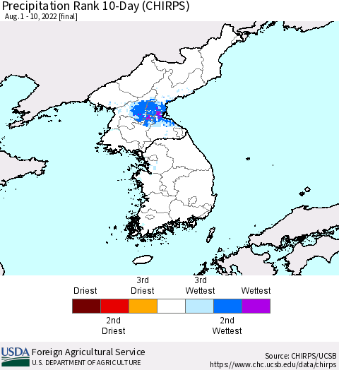 Korea Precipitation Rank 10-Day (CHIRPS) Thematic Map For 8/1/2022 - 8/10/2022