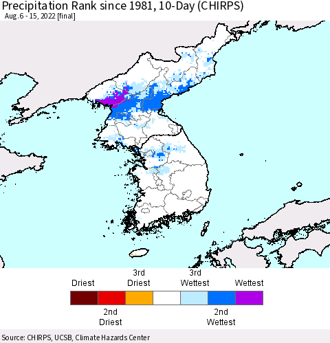 Korea Precipitation Rank since 1981, 10-Day (CHIRPS) Thematic Map For 8/6/2022 - 8/15/2022