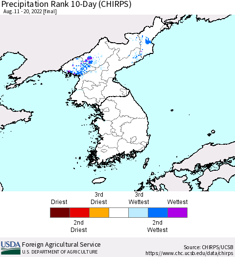 Korea Precipitation Rank since 1981, 10-Day (CHIRPS) Thematic Map For 8/11/2022 - 8/20/2022