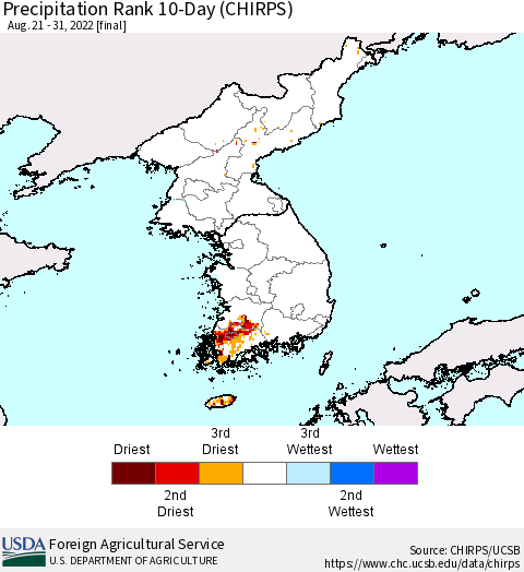Korea Precipitation Rank since 1981, 10-Day (CHIRPS) Thematic Map For 8/21/2022 - 8/31/2022