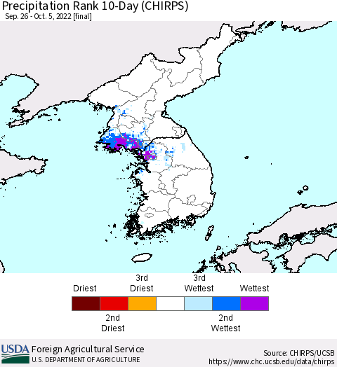Korea Precipitation Rank since 1981, 10-Day (CHIRPS) Thematic Map For 9/26/2022 - 10/5/2022