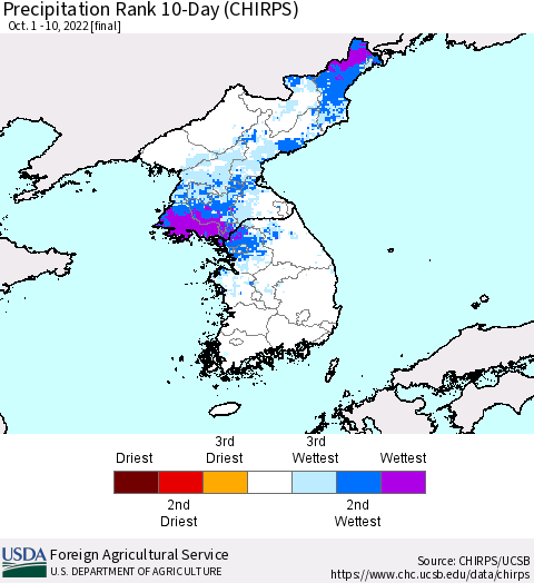 Korea Precipitation Rank since 1981, 10-Day (CHIRPS) Thematic Map For 10/1/2022 - 10/10/2022