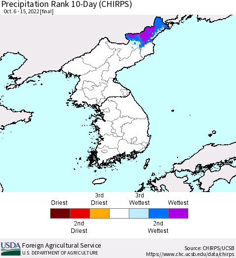 Korea Precipitation Rank since 1981, 10-Day (CHIRPS) Thematic Map For 10/6/2022 - 10/15/2022