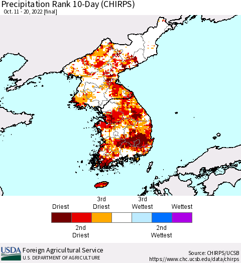 Korea Precipitation Rank since 1981, 10-Day (CHIRPS) Thematic Map For 10/11/2022 - 10/20/2022