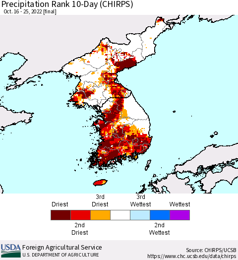 Korea Precipitation Rank since 1981, 10-Day (CHIRPS) Thematic Map For 10/16/2022 - 10/25/2022