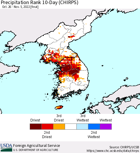 Korea Precipitation Rank since 1981, 10-Day (CHIRPS) Thematic Map For 10/26/2022 - 11/5/2022