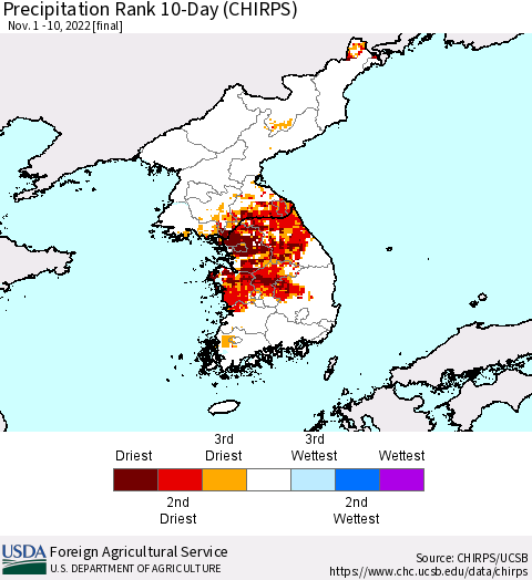 Korea Precipitation Rank since 1981, 10-Day (CHIRPS) Thematic Map For 11/1/2022 - 11/10/2022