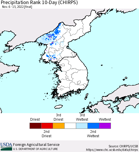Korea Precipitation Rank since 1981, 10-Day (CHIRPS) Thematic Map For 11/6/2022 - 11/15/2022