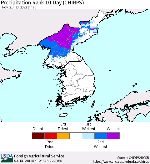 Korea Precipitation Rank since 1981, 10-Day (CHIRPS) Thematic Map For 11/21/2022 - 11/30/2022