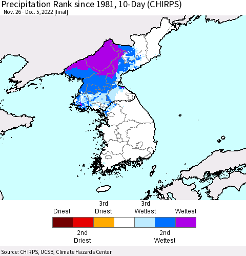 Korea Precipitation Rank since 1981, 10-Day (CHIRPS) Thematic Map For 11/26/2022 - 12/5/2022