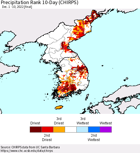 Korea Precipitation Rank since 1981, 10-Day (CHIRPS) Thematic Map For 12/1/2022 - 12/10/2022