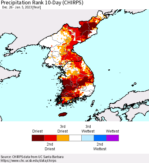 Korea Precipitation Rank since 1981, 10-Day (CHIRPS) Thematic Map For 12/26/2022 - 1/5/2023
