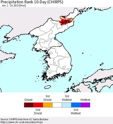 Korea Precipitation Rank since 1981, 10-Day (CHIRPS) Thematic Map For 1/1/2023 - 1/10/2023