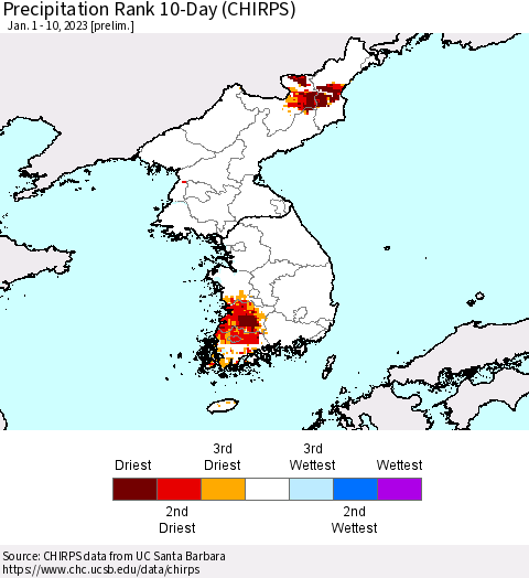 Korea Precipitation Rank 10-Day (CHIRPS) Thematic Map For 1/1/2023 - 1/10/2023