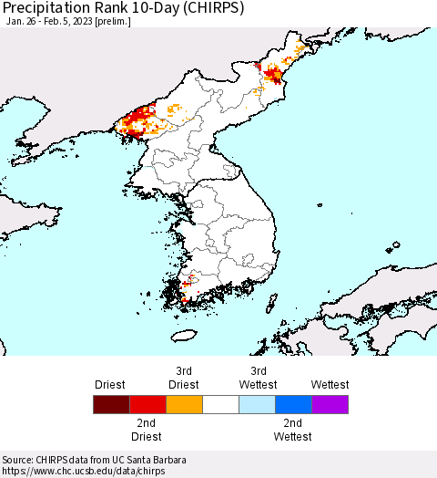 Korea Precipitation Rank 10-Day (CHIRPS) Thematic Map For 1/26/2023 - 2/5/2023