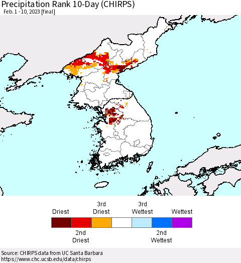 Korea Precipitation Rank since 1981, 10-Day (CHIRPS) Thematic Map For 2/1/2023 - 2/10/2023