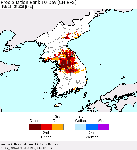 Korea Precipitation Rank since 1981, 10-Day (CHIRPS) Thematic Map For 2/16/2023 - 2/25/2023
