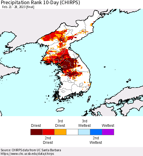 Korea Precipitation Rank since 1981, 10-Day (CHIRPS) Thematic Map For 2/21/2023 - 2/28/2023