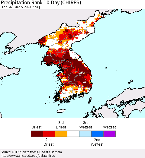 Korea Precipitation Rank since 1981, 10-Day (CHIRPS) Thematic Map For 2/26/2023 - 3/5/2023