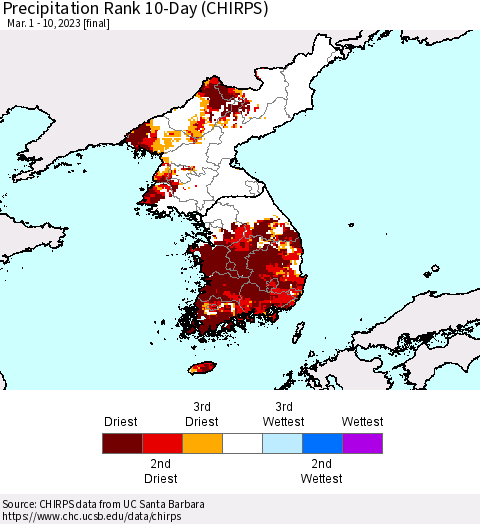 Korea Precipitation Rank since 1981, 10-Day (CHIRPS) Thematic Map For 3/1/2023 - 3/10/2023