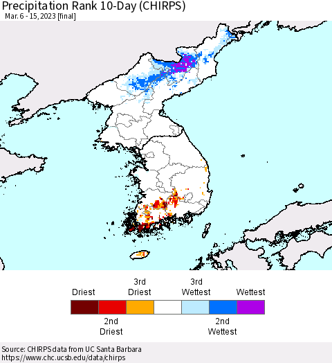 Korea Precipitation Rank since 1981, 10-Day (CHIRPS) Thematic Map For 3/6/2023 - 3/15/2023