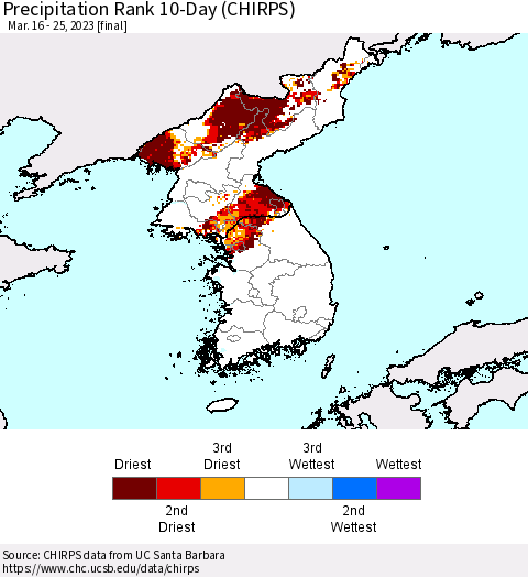 Korea Precipitation Rank since 1981, 10-Day (CHIRPS) Thematic Map For 3/16/2023 - 3/25/2023