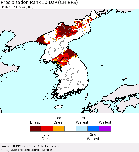 Korea Precipitation Rank since 1981, 10-Day (CHIRPS) Thematic Map For 3/21/2023 - 3/31/2023