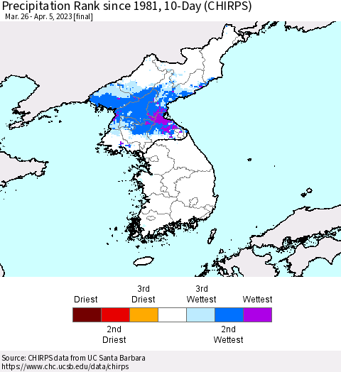 Korea Precipitation Rank since 1981, 10-Day (CHIRPS) Thematic Map For 3/26/2023 - 4/5/2023
