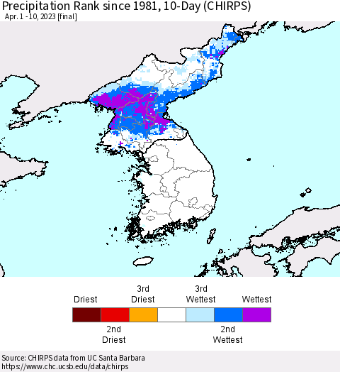 Korea Precipitation Rank since 1981, 10-Day (CHIRPS) Thematic Map For 4/1/2023 - 4/10/2023