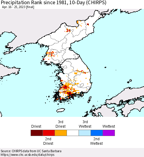 Korea Precipitation Rank since 1981, 10-Day (CHIRPS) Thematic Map For 4/16/2023 - 4/25/2023