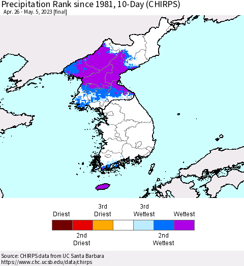 Korea Precipitation Rank since 1981, 10-Day (CHIRPS) Thematic Map For 4/26/2023 - 5/5/2023