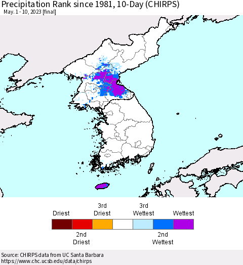 Korea Precipitation Rank since 1981, 10-Day (CHIRPS) Thematic Map For 5/1/2023 - 5/10/2023