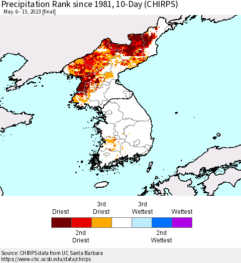 Korea Precipitation Rank since 1981, 10-Day (CHIRPS) Thematic Map For 5/6/2023 - 5/15/2023