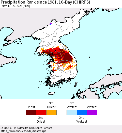 Korea Precipitation Rank since 1981, 10-Day (CHIRPS) Thematic Map For 5/11/2023 - 5/20/2023